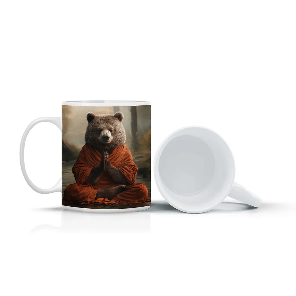 Meditating Bear Monk in Forest – Mugs