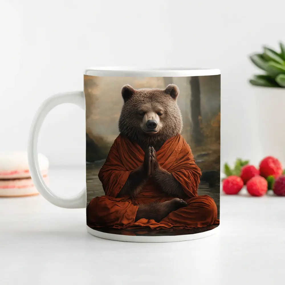 Meditating Bear Monk in Forest – Mugs