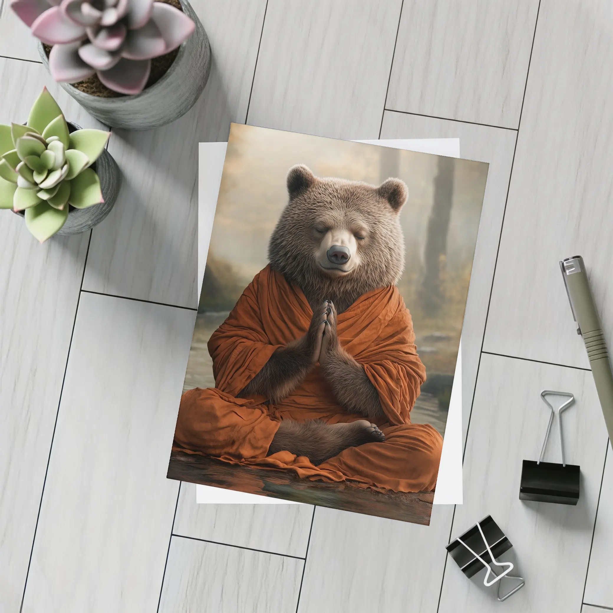 Meditating Bear Monk in Forest – Postcards