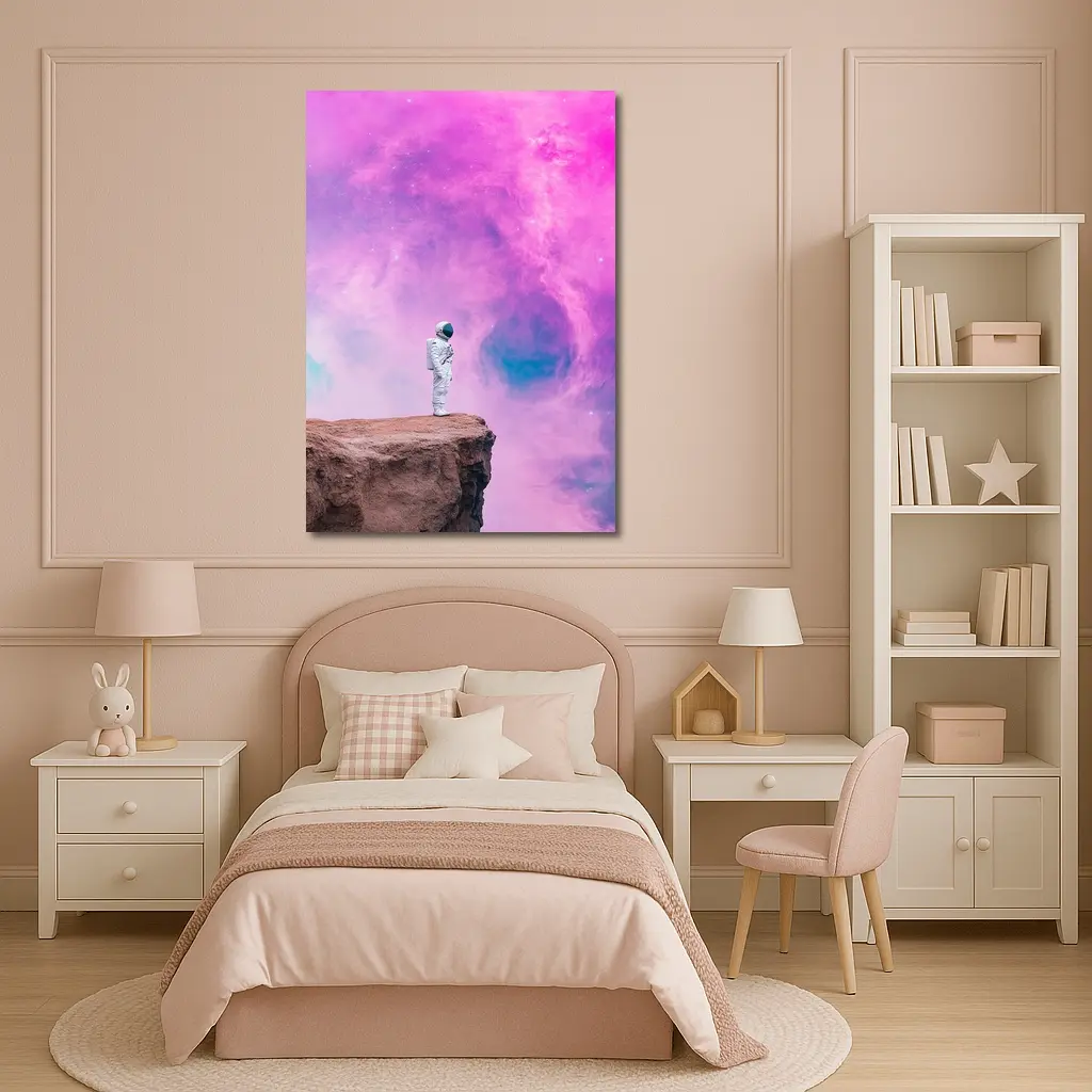 Astronaut Standing on Cliff Pink Galaxy – Wall Art