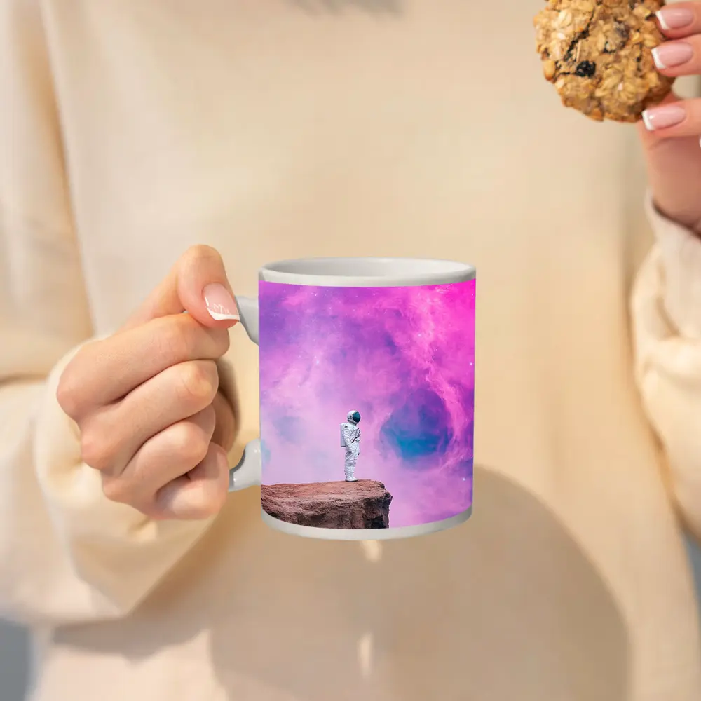 Astronaut Standing on Cliff Pink Galaxy – Mugs
