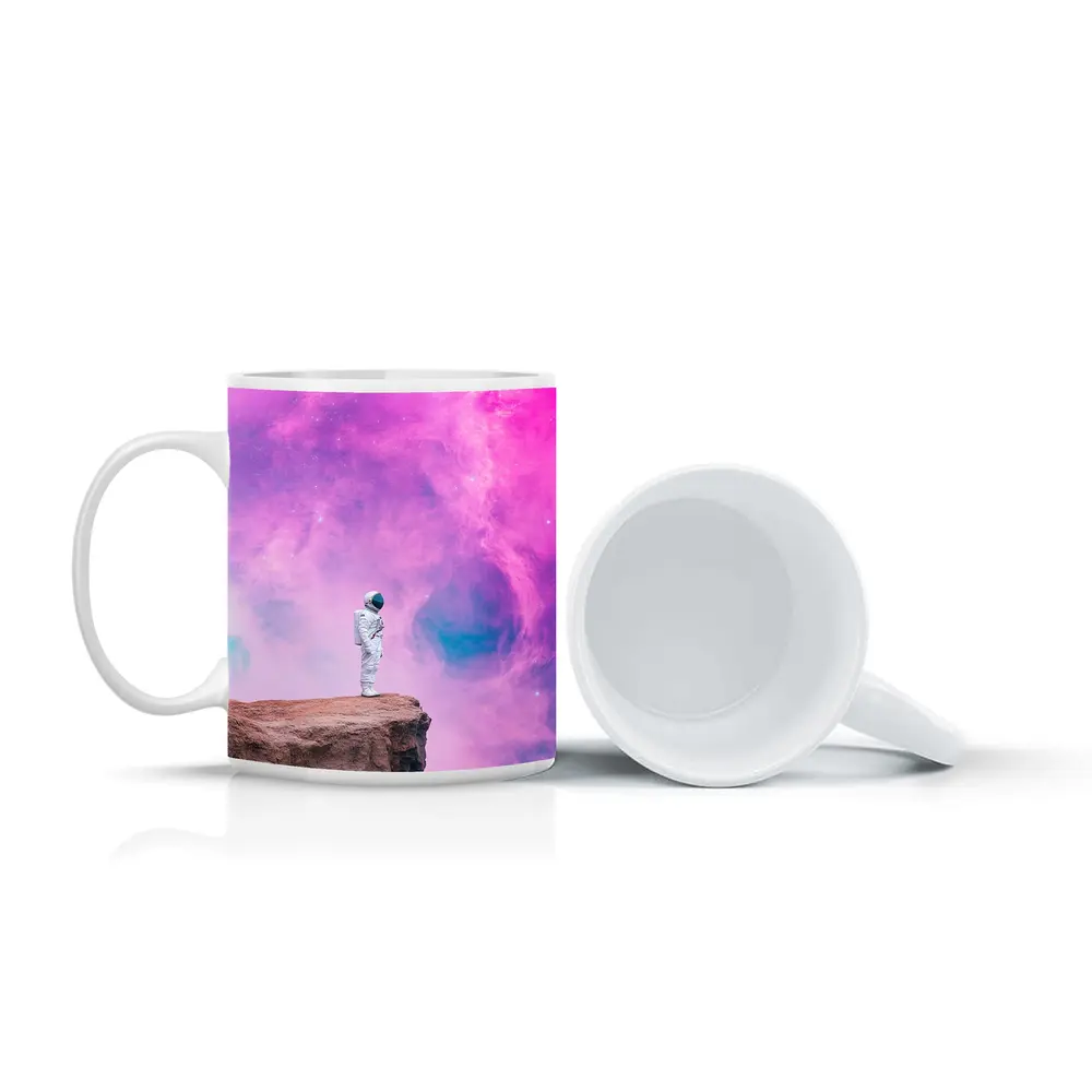 Astronaut Standing on Cliff Pink Galaxy – Mugs