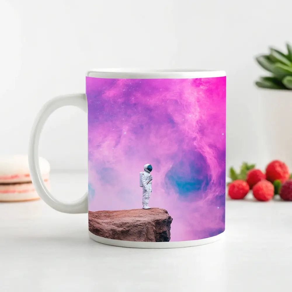 Astronaut Standing on Cliff Pink Galaxy – Mugs