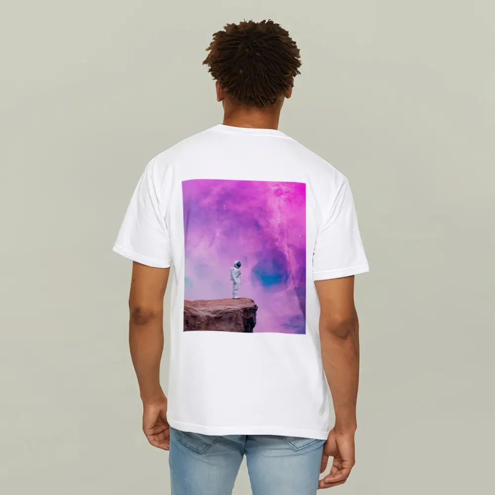 Astronaut Standing on Cliff Pink Galaxy – T-Shirts