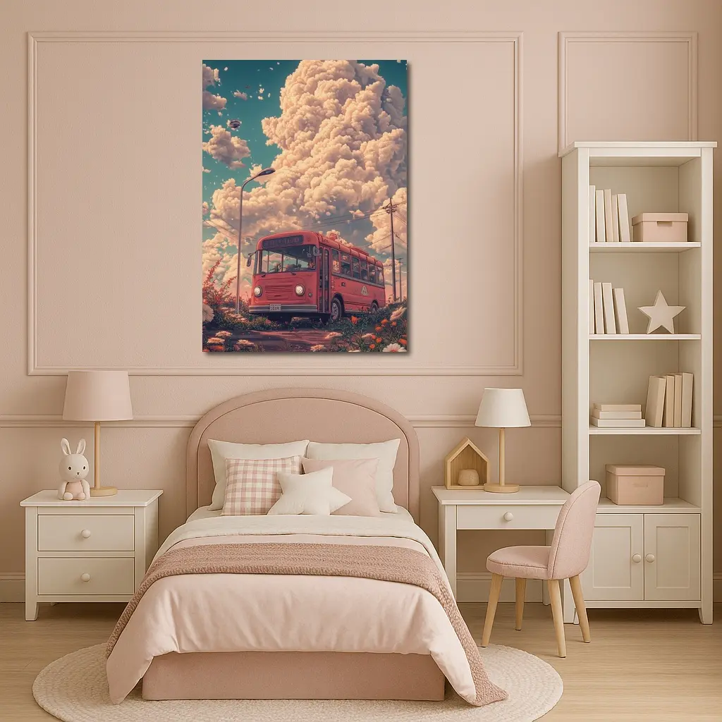 Red Bus Anime Art Dreamy Floral Sky – Wall Art