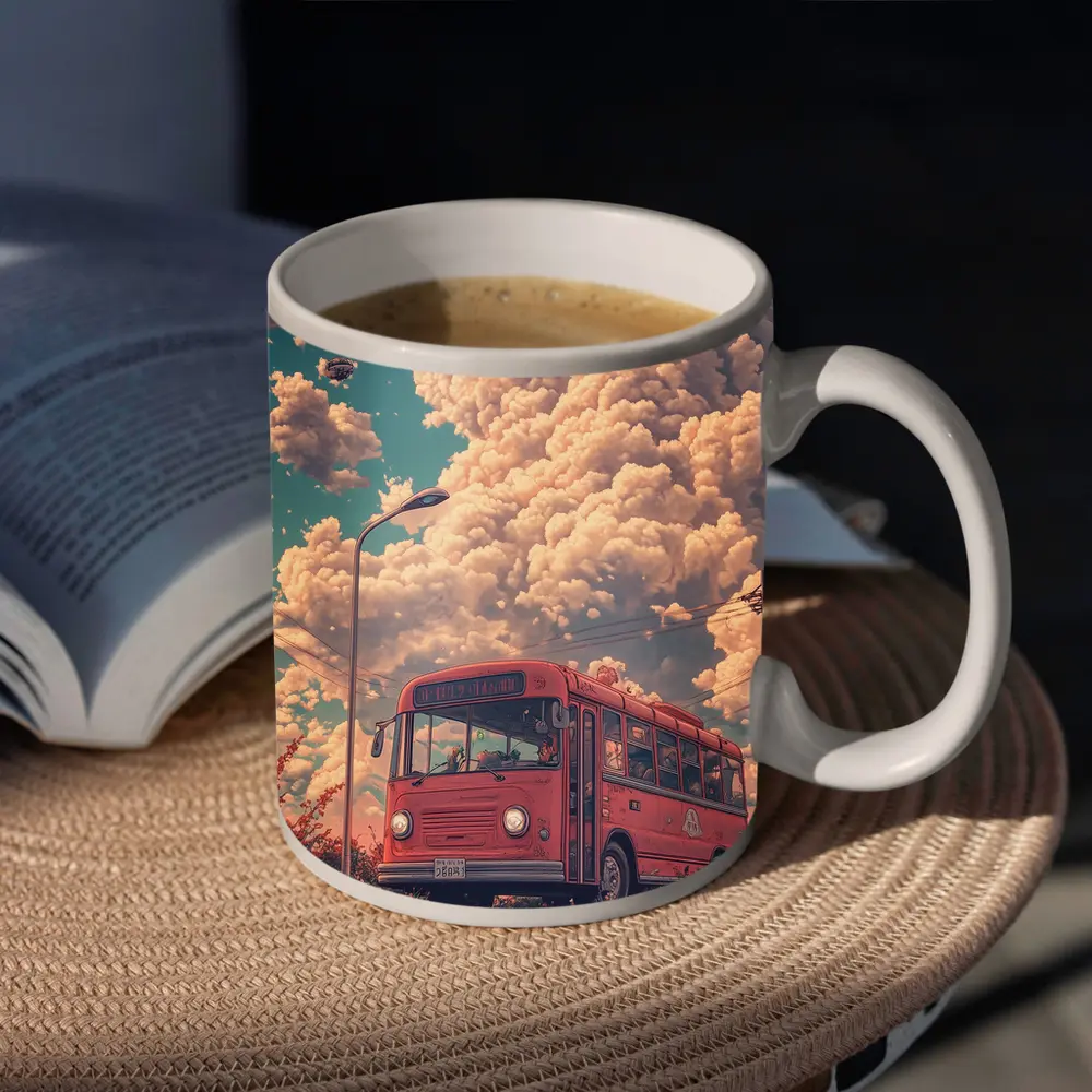 Red Bus Anime Art Dreamy Floral Sky – Mugs