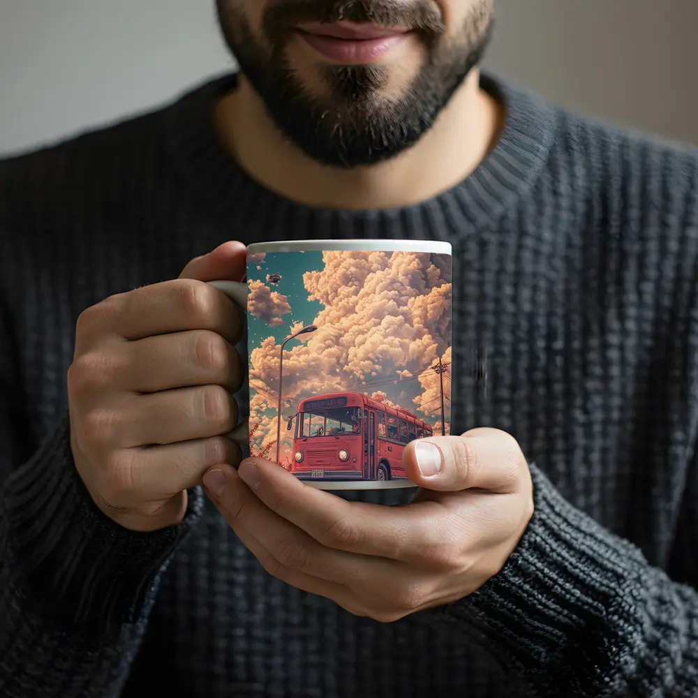 Red Bus Anime Art Dreamy Floral Sky – Mugs