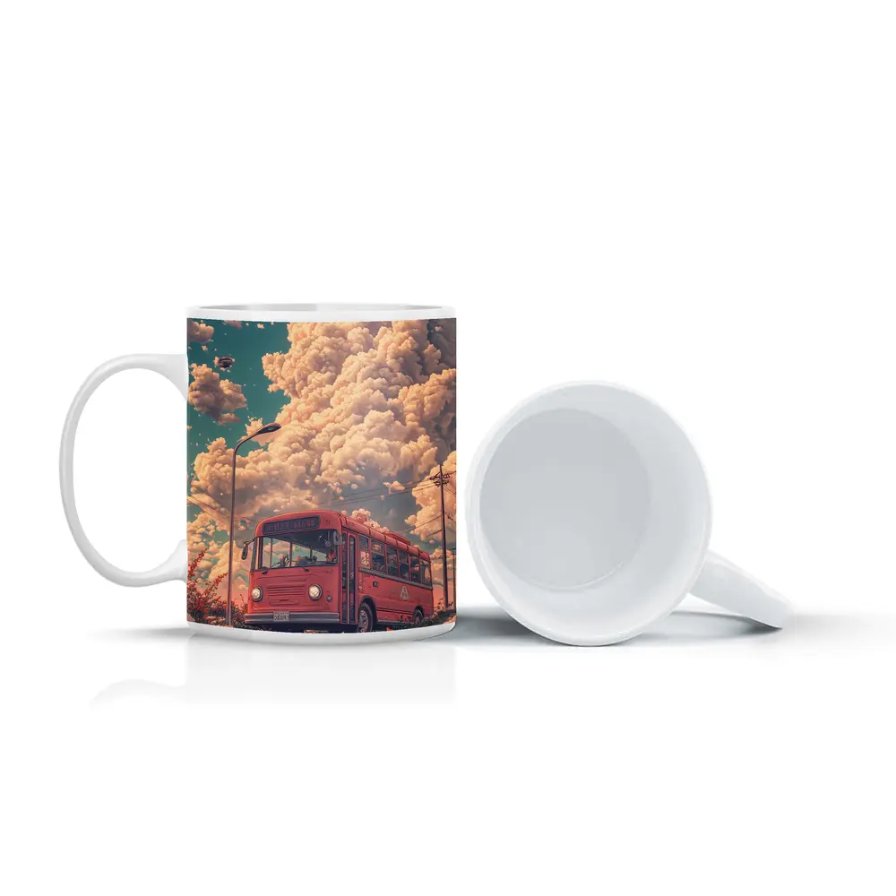 Red Bus Anime Art Dreamy Floral Sky – Mugs