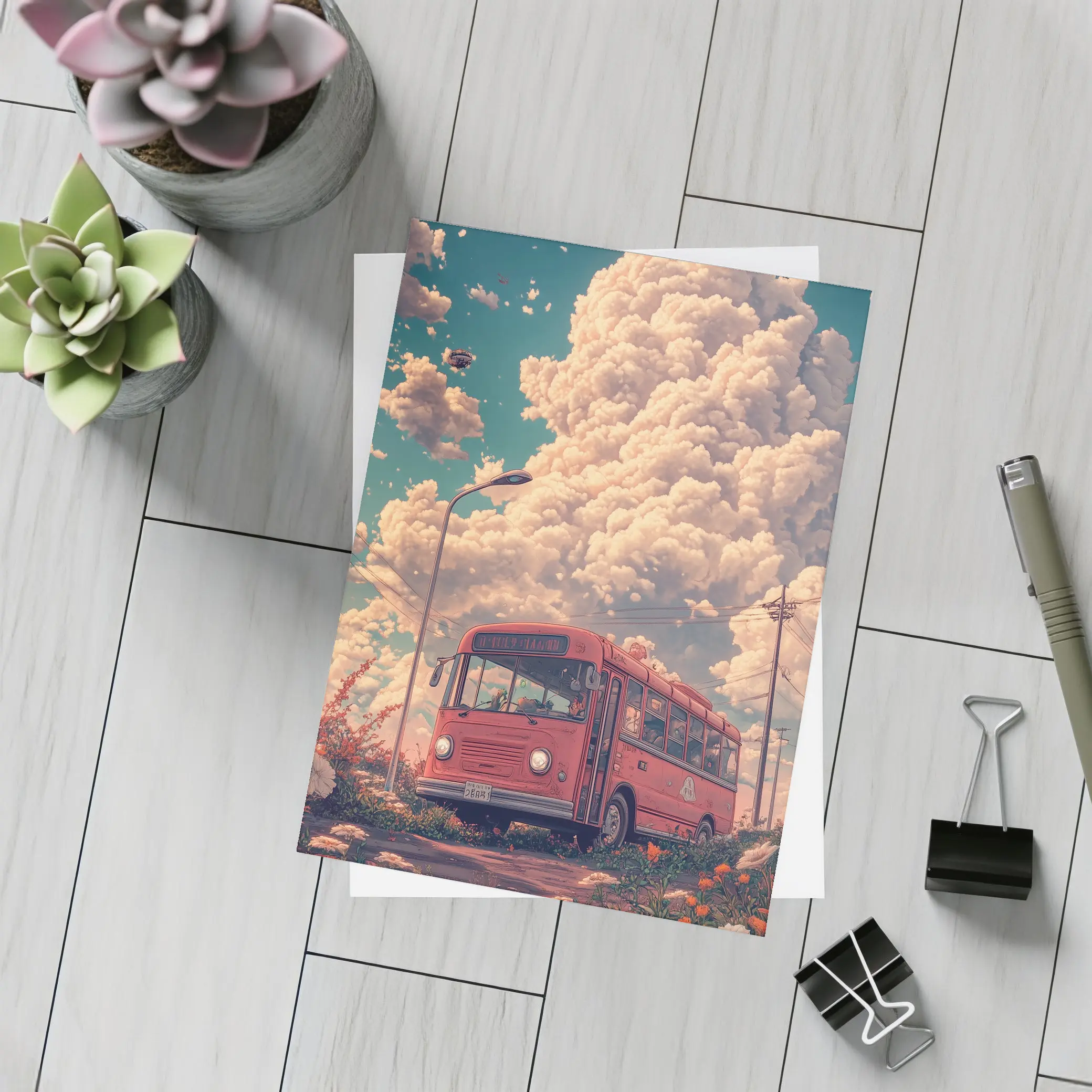 Red Bus Anime Art Dreamy Floral Sky – Postcards