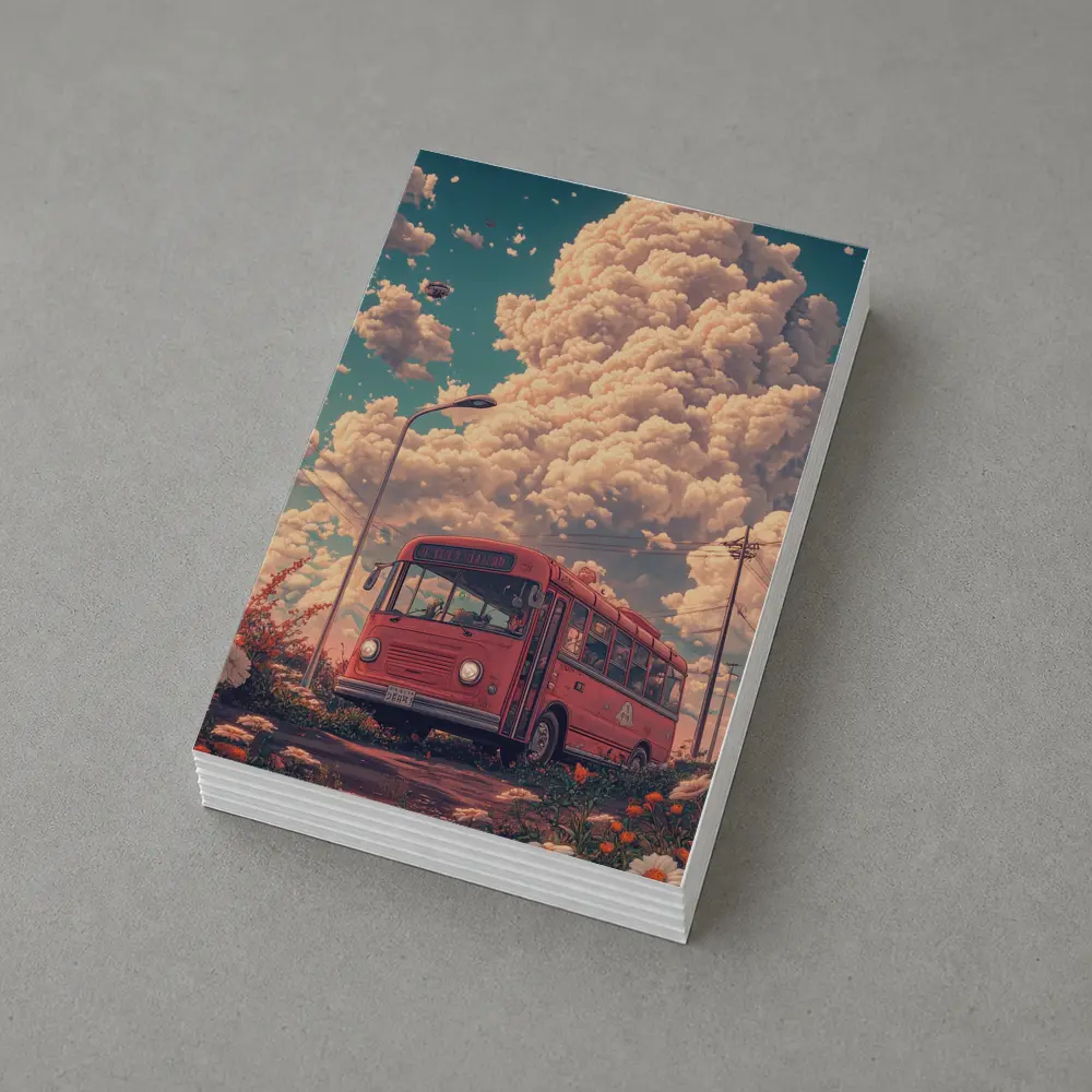 Red Bus Anime Art Dreamy Floral Sky – Postcards