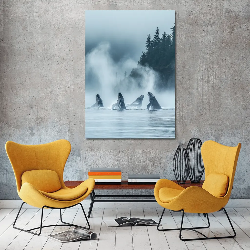 Humpback Whales Breaching Misty Coastal Waters – Wall Art