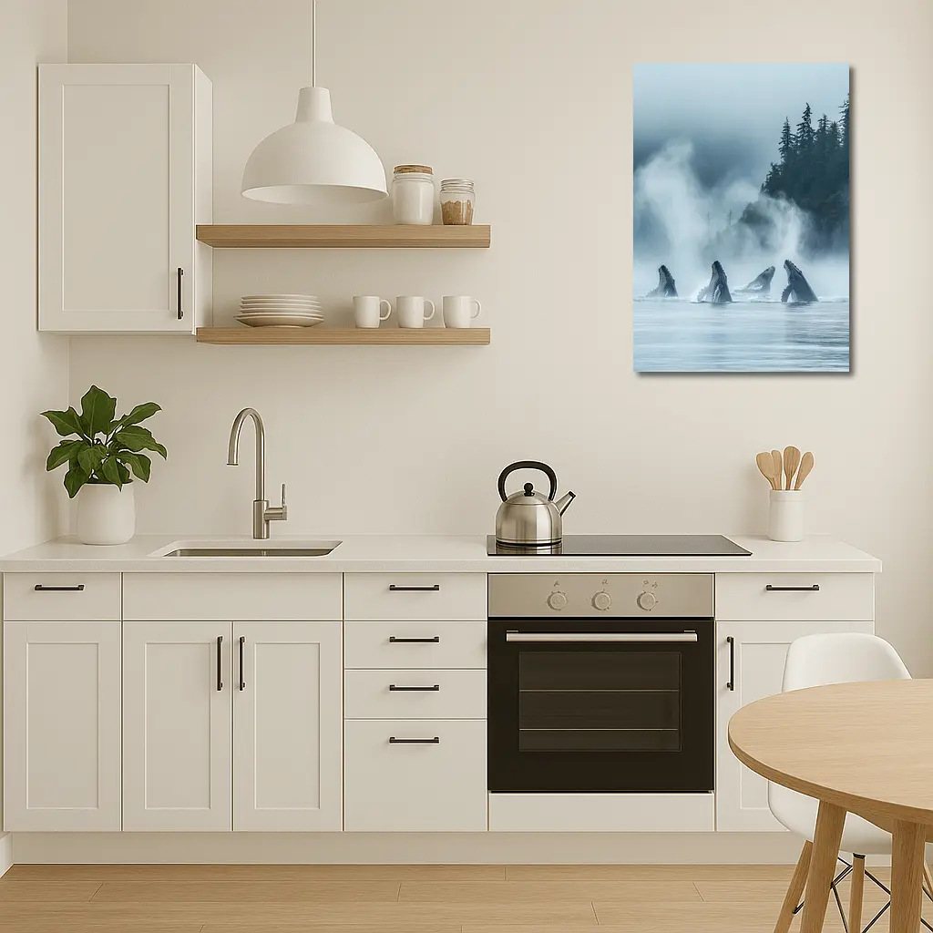 Humpback Whales Breaching Misty Coastal Waters – Wall Art