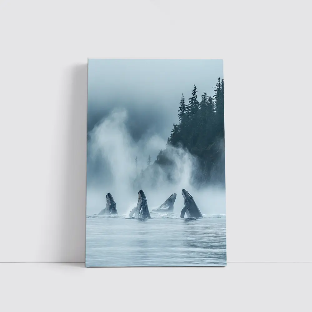 Humpback Whales Breaching Misty Coastal Waters – Wall Art