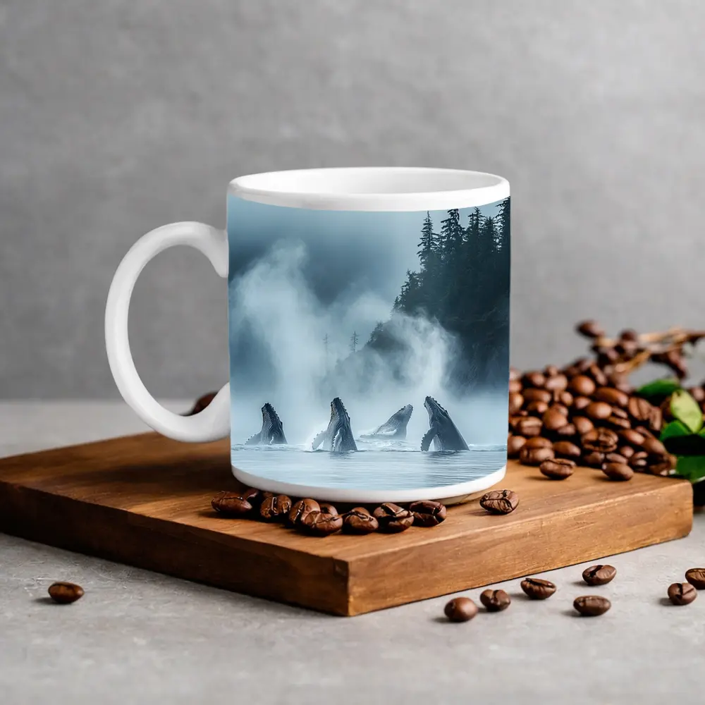 Humpback Whales Breaching Misty Coastal Waters – Mugs