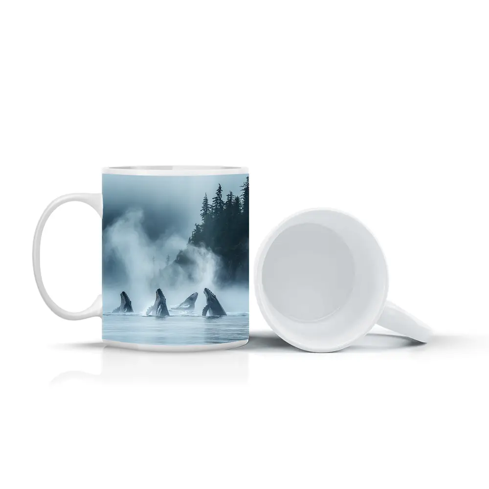 Humpback Whales Breaching Misty Coastal Waters – Mugs