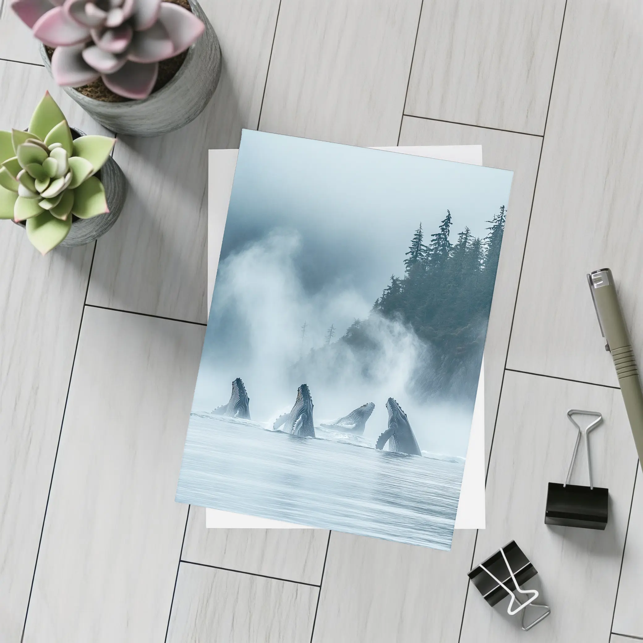 Humpback Whales Breaching Misty Coastal Waters – Postcards