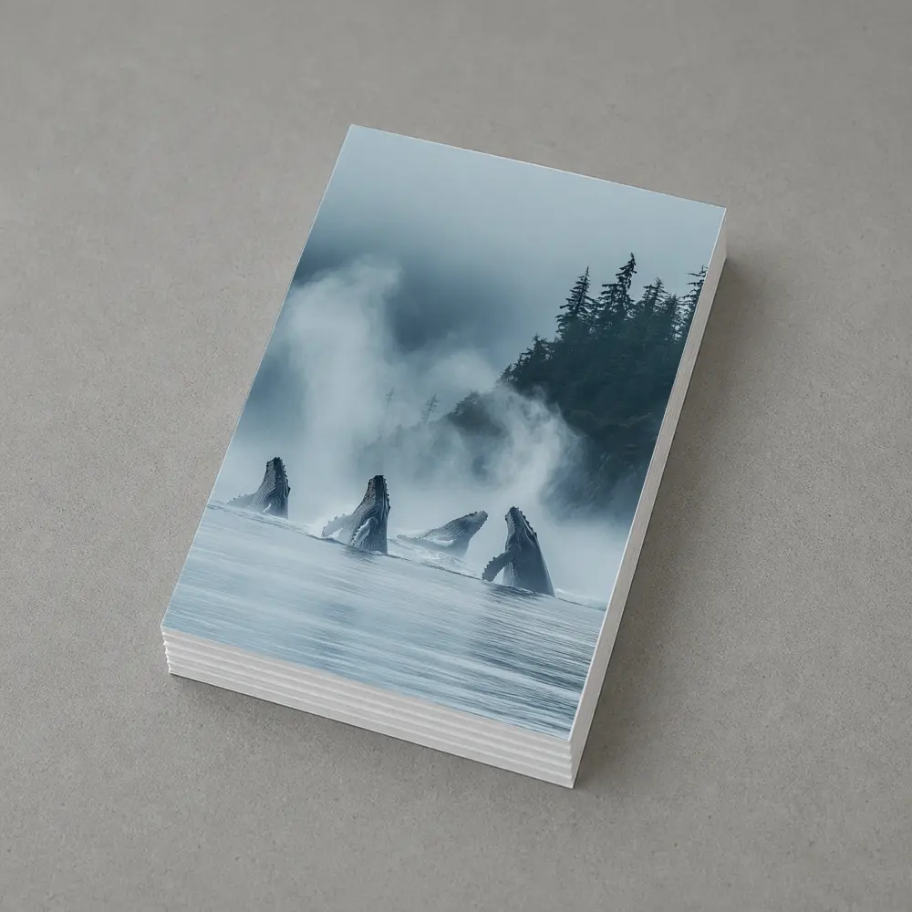 Humpback Whales Breaching Misty Coastal Waters – Postcards