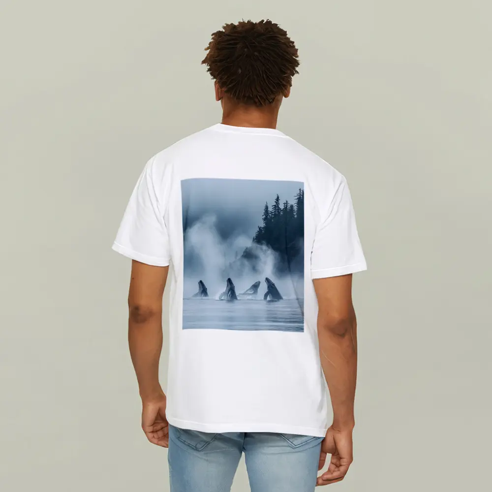 Humpback Whales Breaching Misty Coastal Waters – T-Shirts