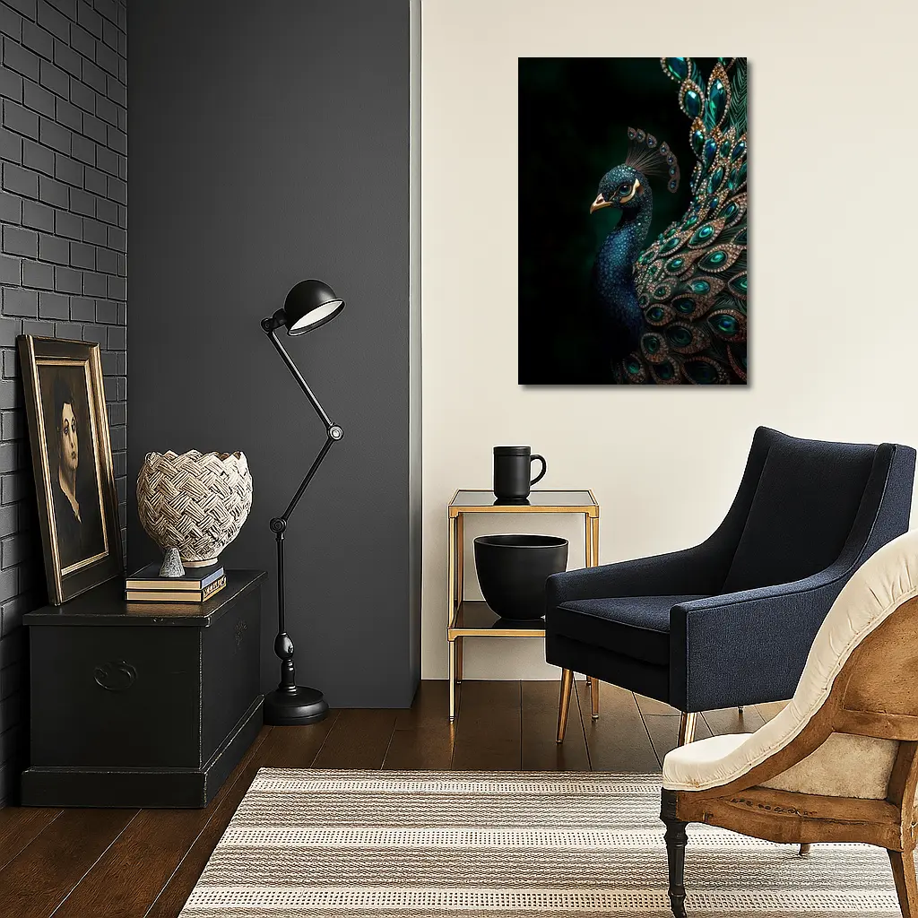 Jeweled Peacock Portrait On Dark Background – Wall Art