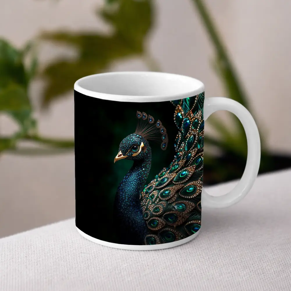 Jeweled Peacock Portrait On Dark Background – Mugs
