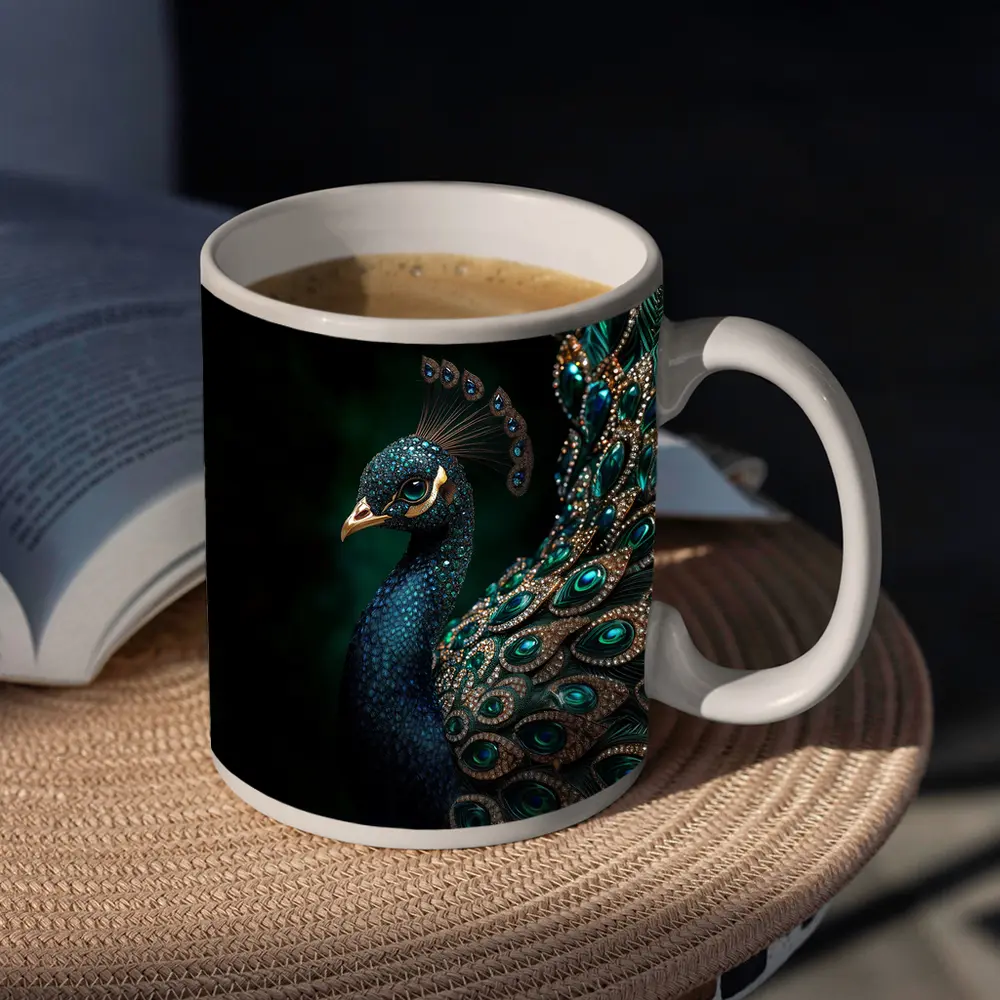 Jeweled Peacock Portrait On Dark Background – Mugs