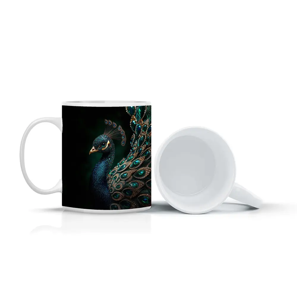 Jeweled Peacock Portrait On Dark Background – Mugs