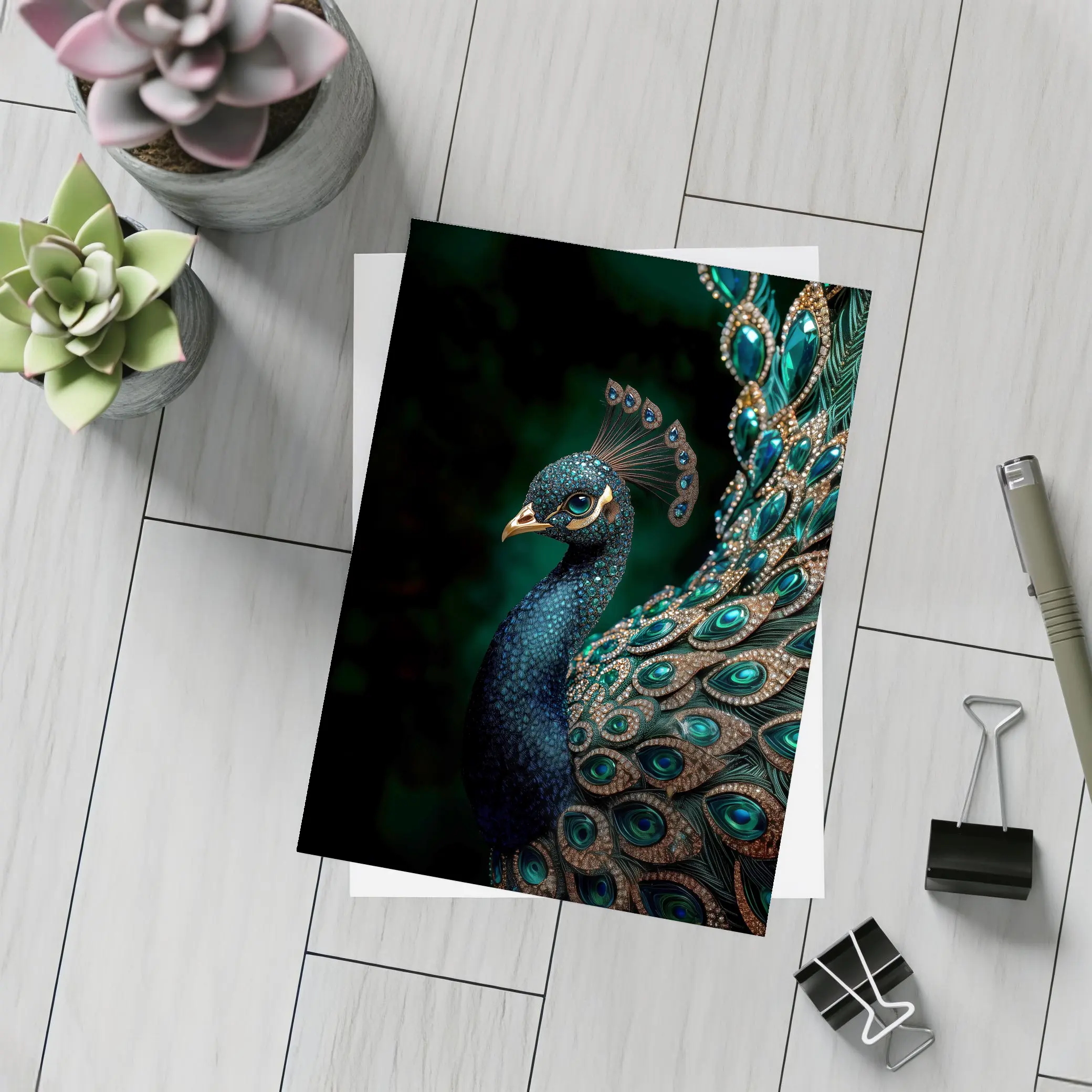 Jeweled Peacock Portrait On Dark Background – Postcards