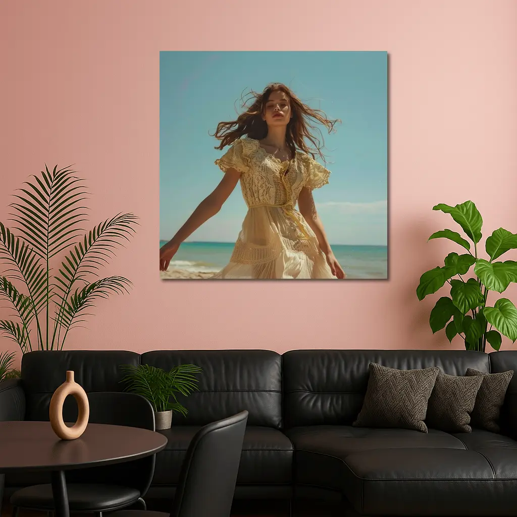 Woman Lace Dress Walking on Sunny Beach – Wall Art