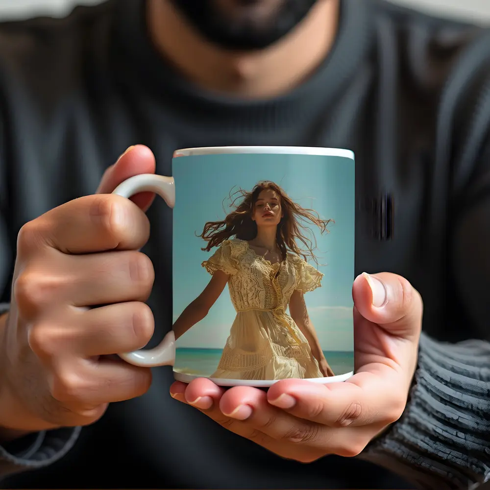 Woman Lace Dress Walking on Sunny Beach – Mugs