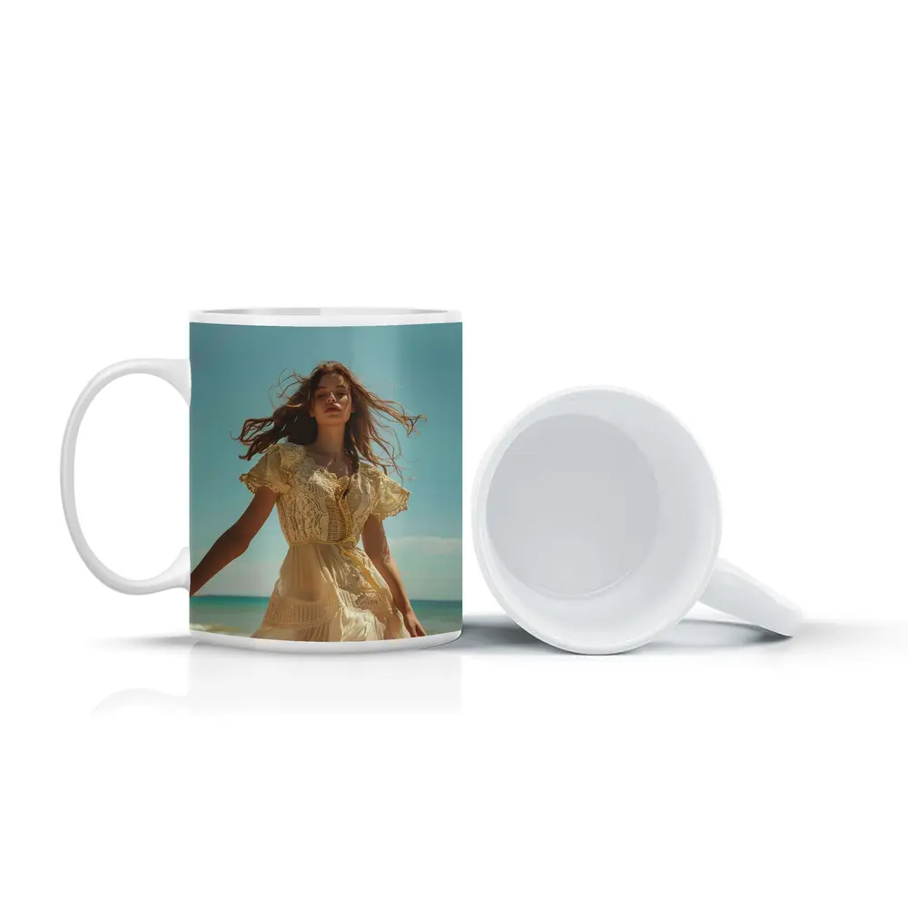 Woman Lace Dress Walking on Sunny Beach – Mugs