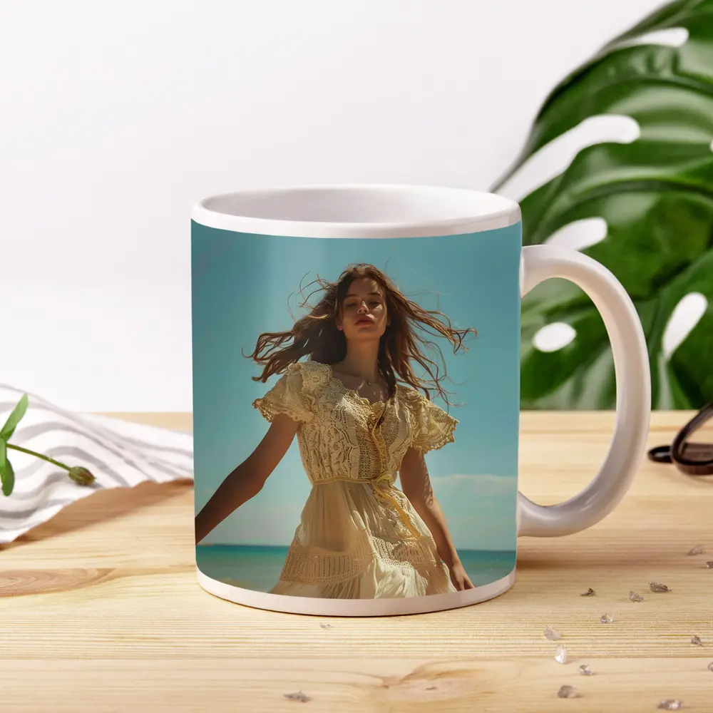 Woman Lace Dress Walking on Sunny Beach – Mugs