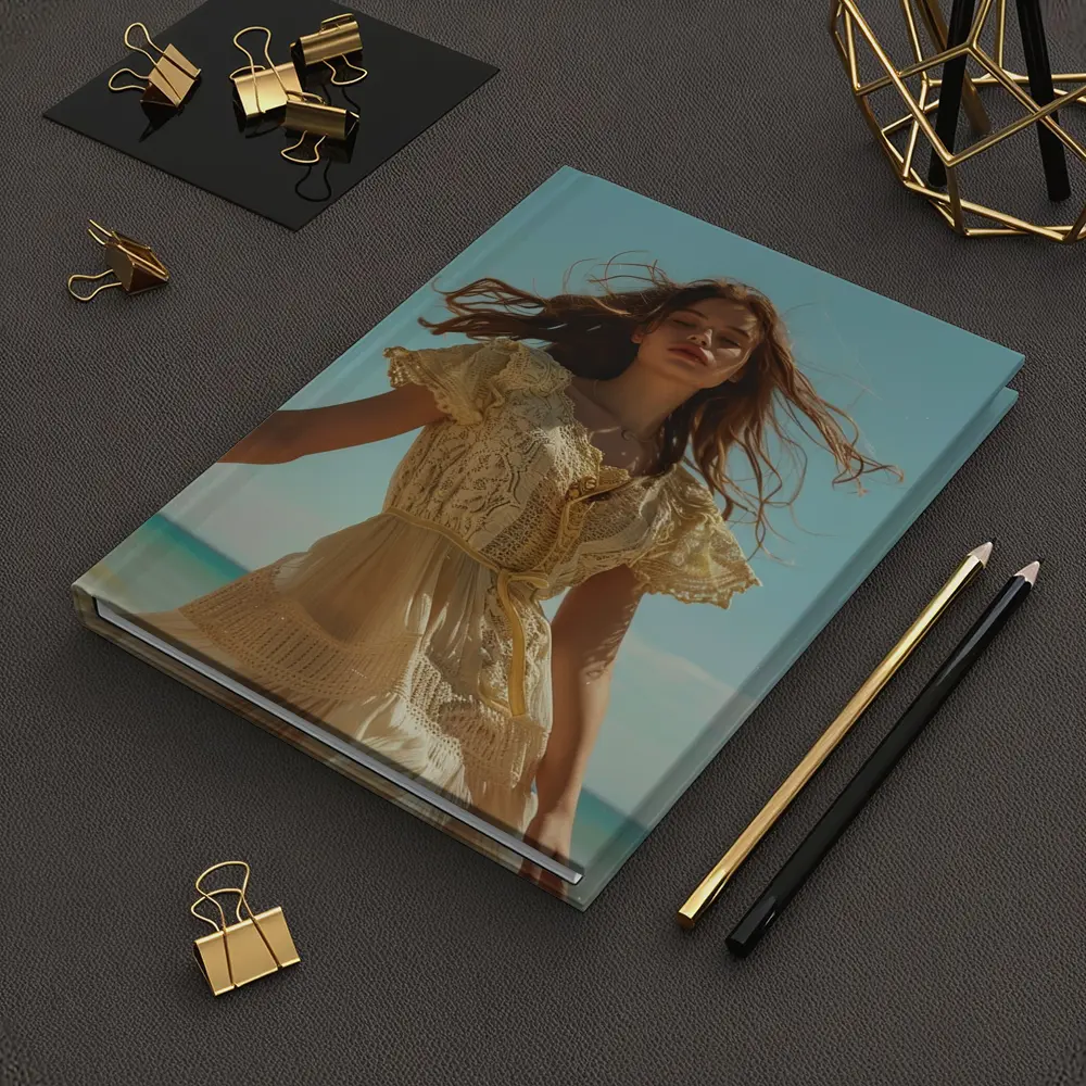 Woman Lace Dress Walking on Sunny Beach – Notebooks