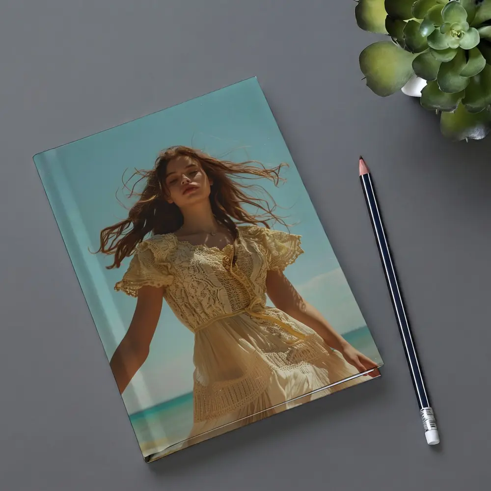 Woman Lace Dress Walking on Sunny Beach – Notebooks