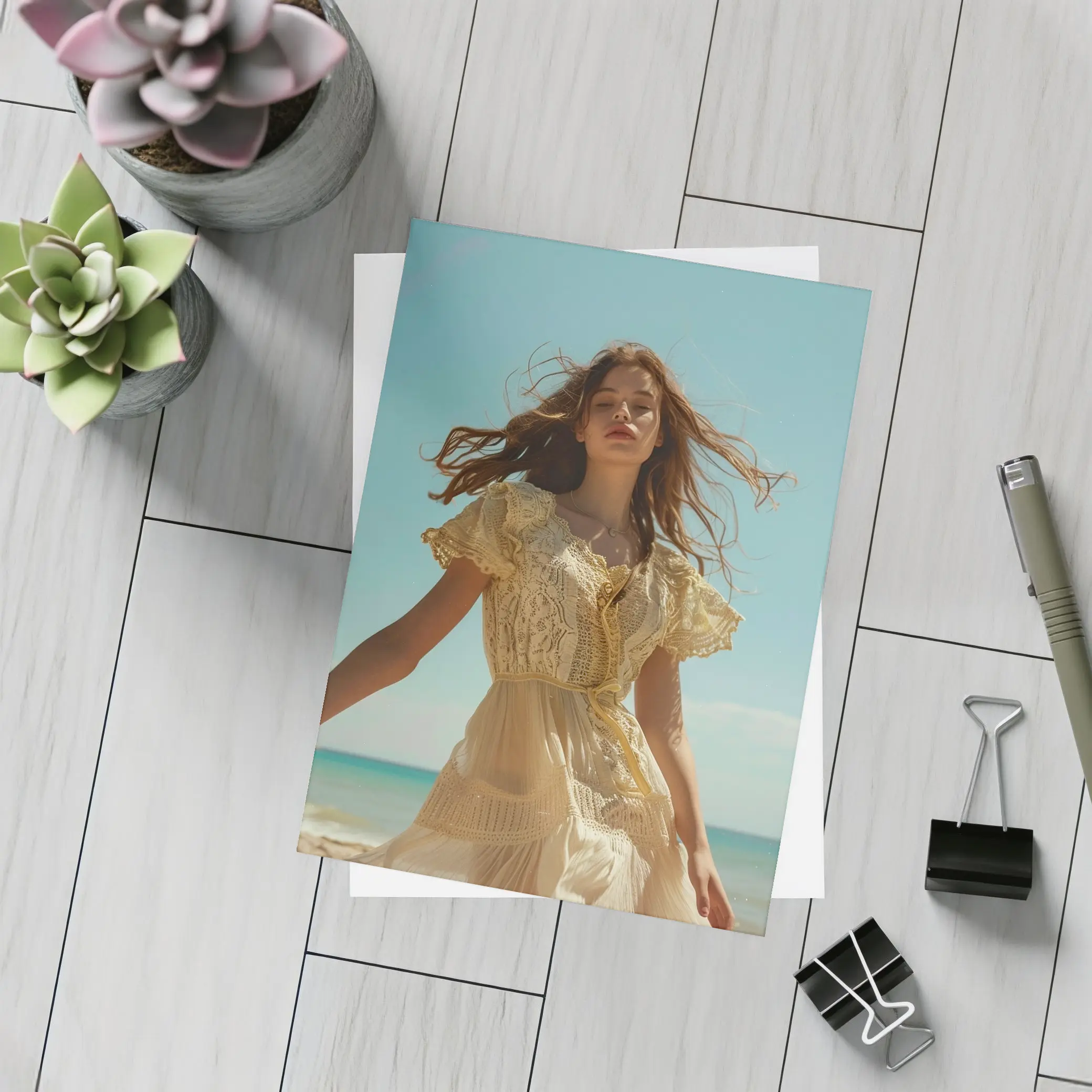 Woman Lace Dress Walking on Sunny Beach – Postcards
