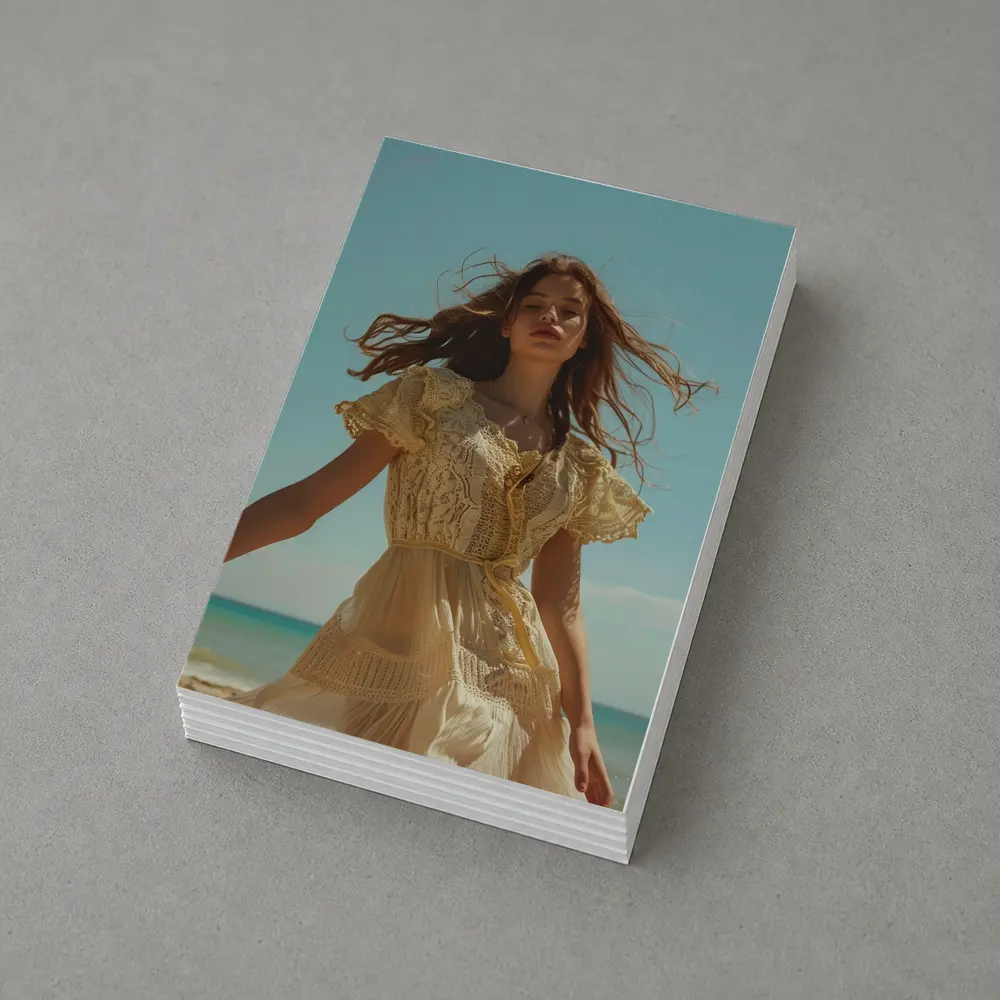 Woman Lace Dress Walking on Sunny Beach – Postcards