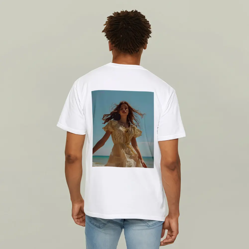 Woman Lace Dress Walking on Sunny Beach – T-Shirts