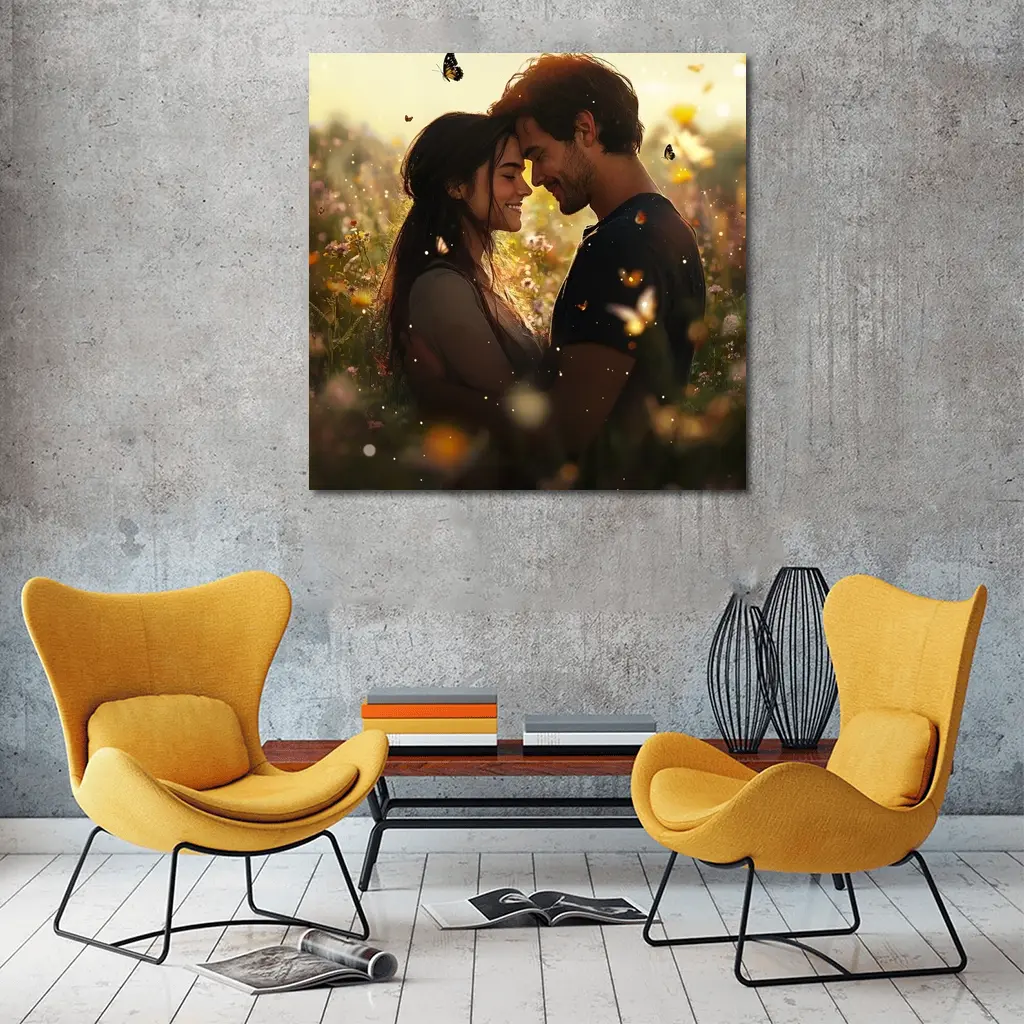 Couple Embracing In Wildflower Field Butterflies – Wall Art