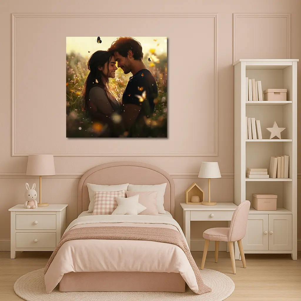 Couple Embracing In Wildflower Field Butterflies – Wall Art