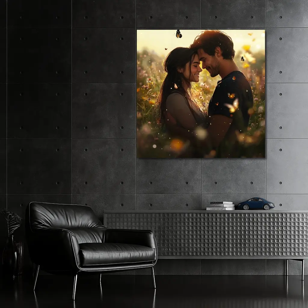 Couple Embracing In Wildflower Field Butterflies – Wall Art