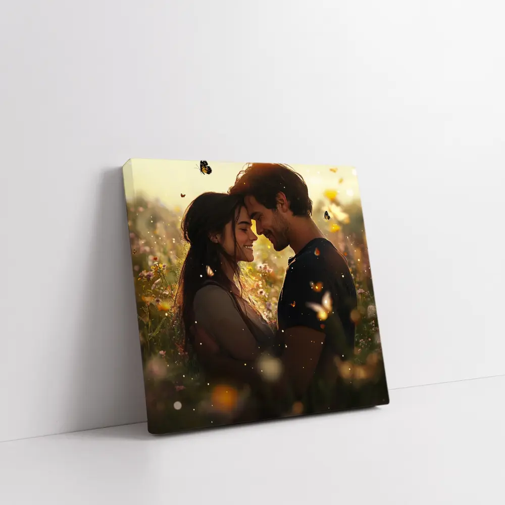 Couple Embracing In Wildflower Field Butterflies – Wall Art