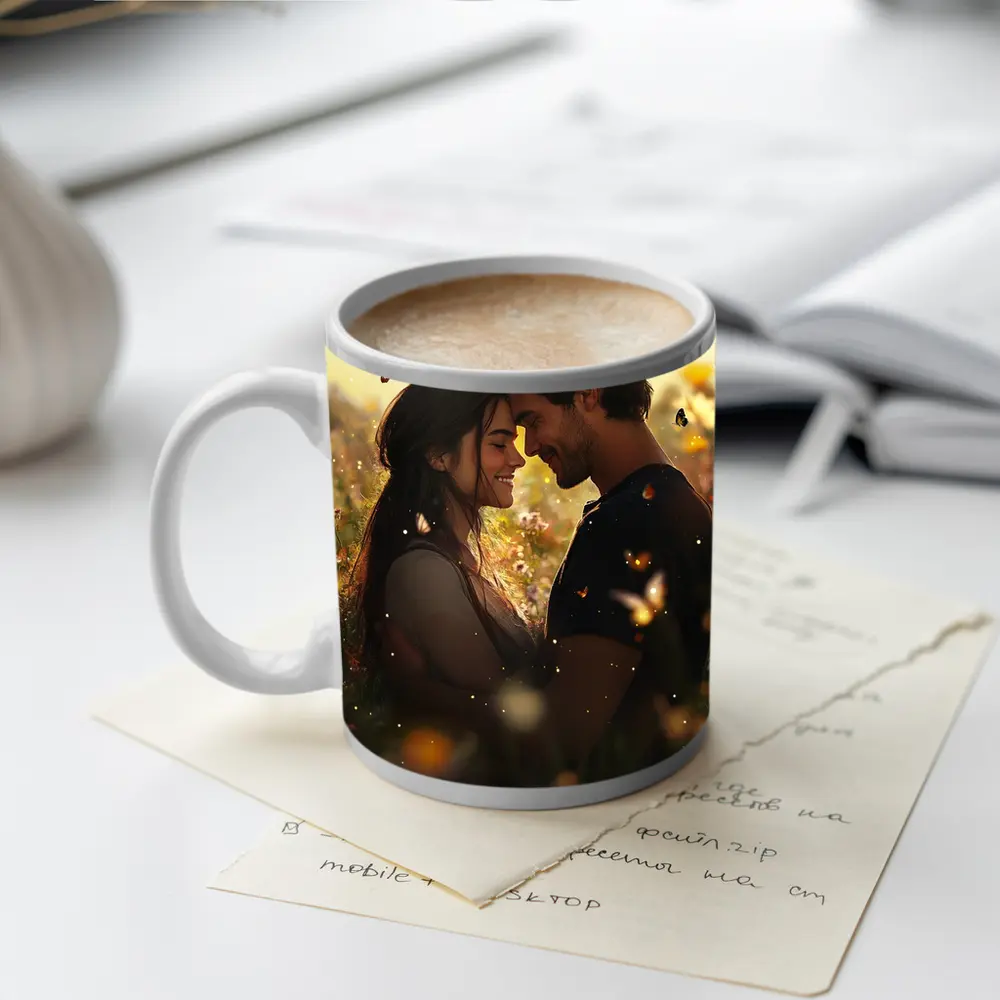 Couple Embracing In Wildflower Field Butterflies – Mugs
