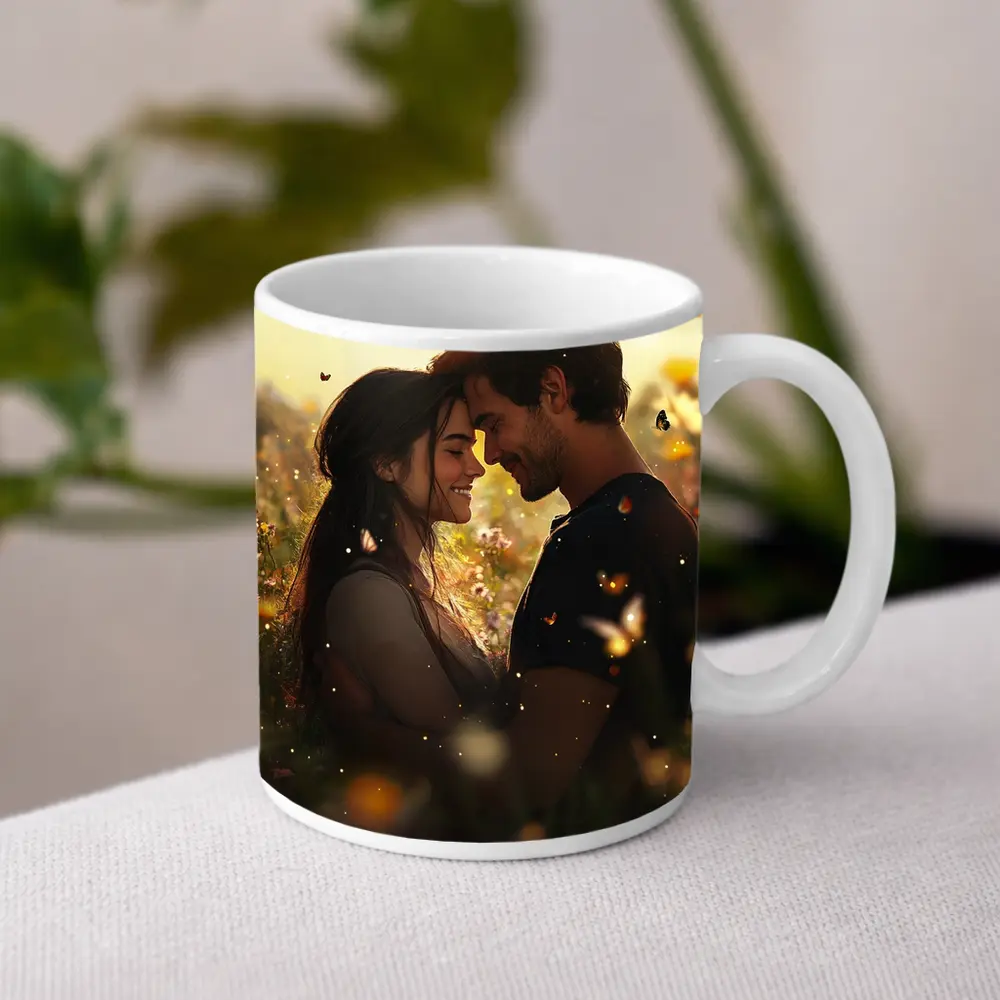 Couple Embracing In Wildflower Field Butterflies – Mugs