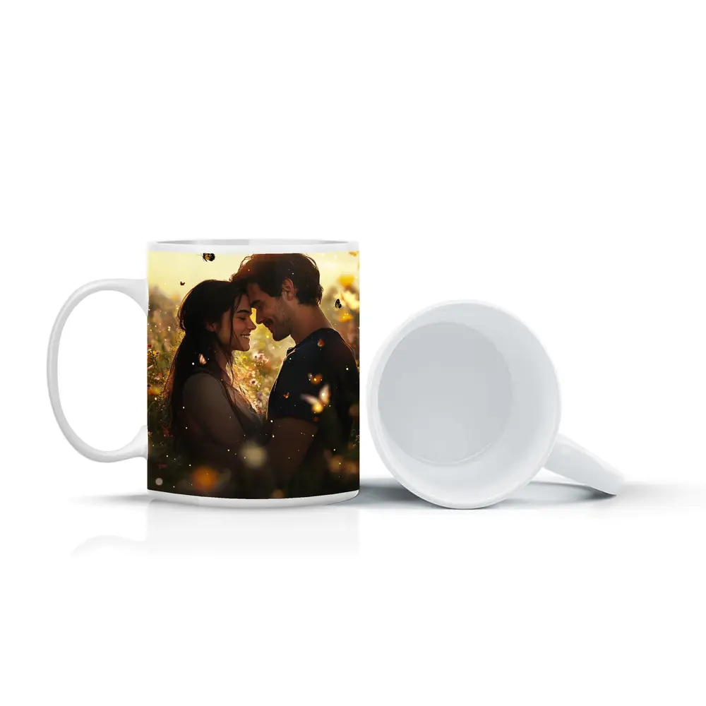 Couple Embracing In Wildflower Field Butterflies – Mugs