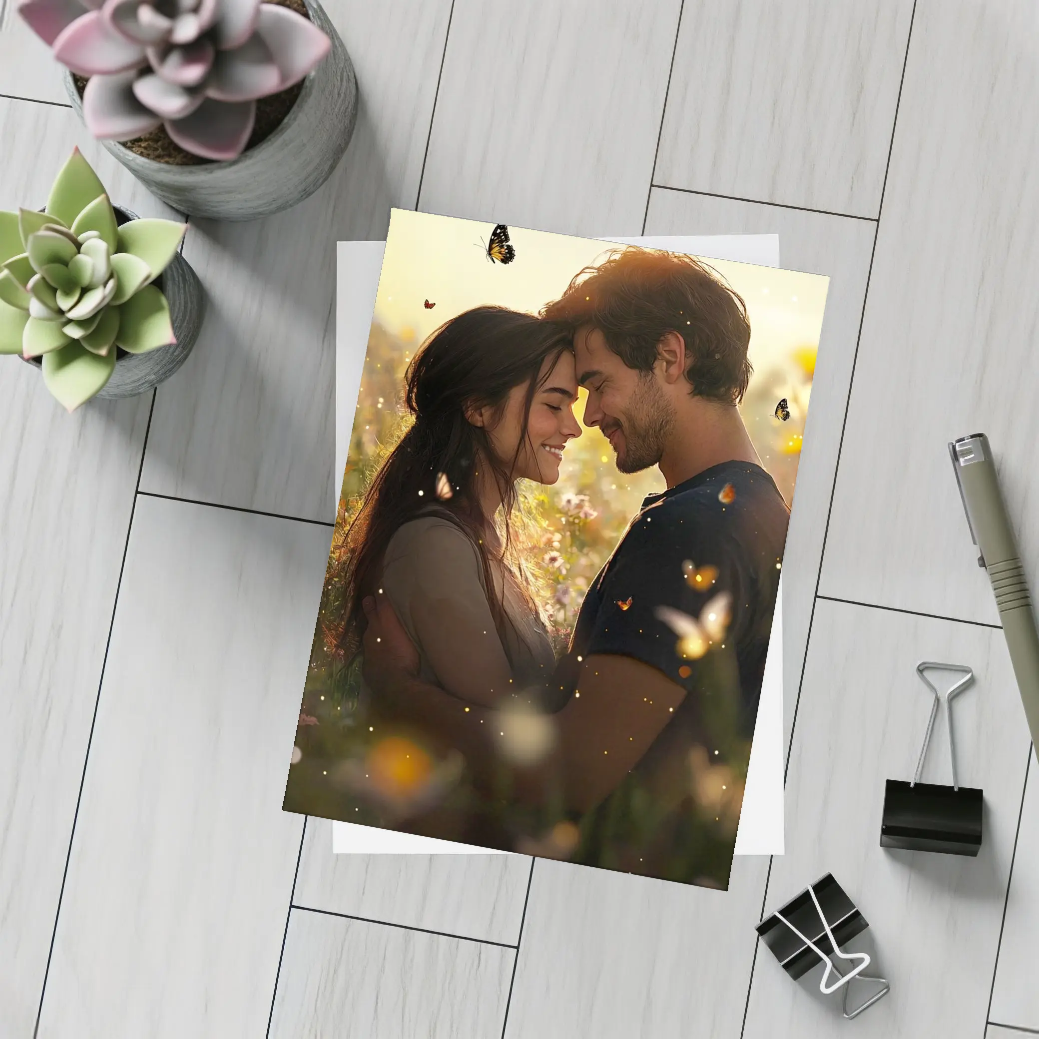 Couple Embracing In Wildflower Field Butterflies – Postcards