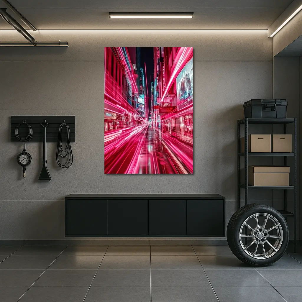 Neon Pink City Street Light Trails Night – Wall Art