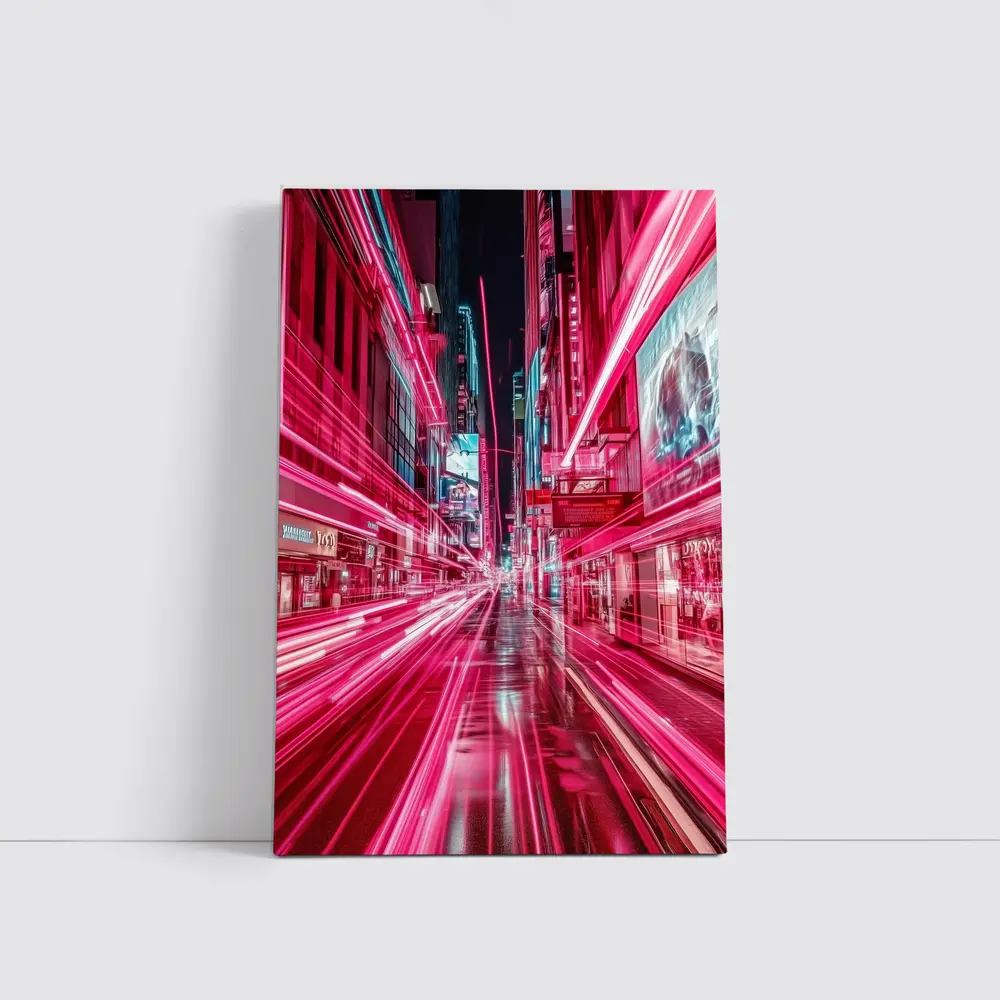 Neon Pink City Street Light Trails Night – Wall Art