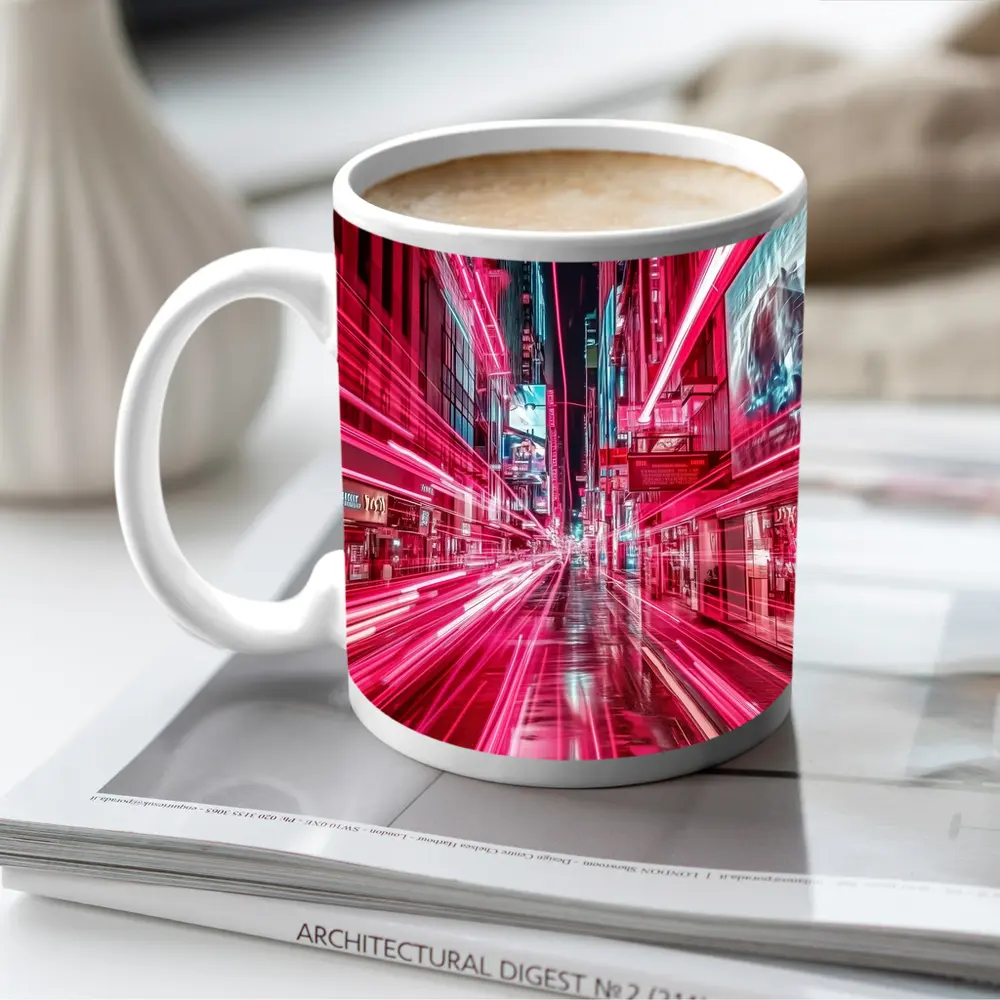 Neon Pink City Street Light Trails Night – Mugs