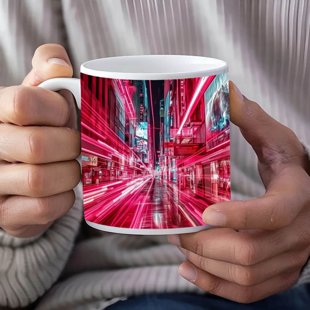 Neon Pink City Street Light Trails Night – Mugs