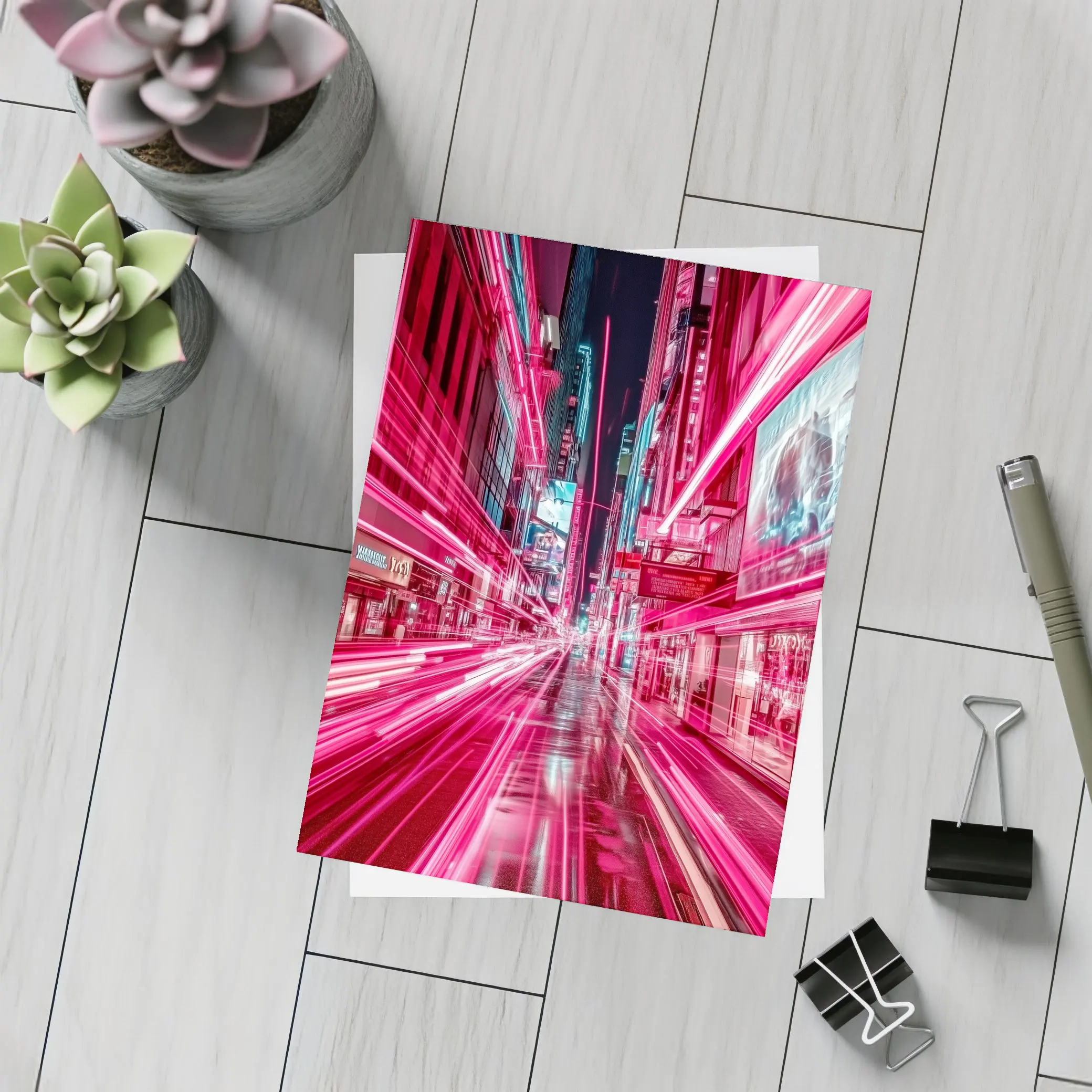 Neon Pink City Street Light Trails Night – Postcards