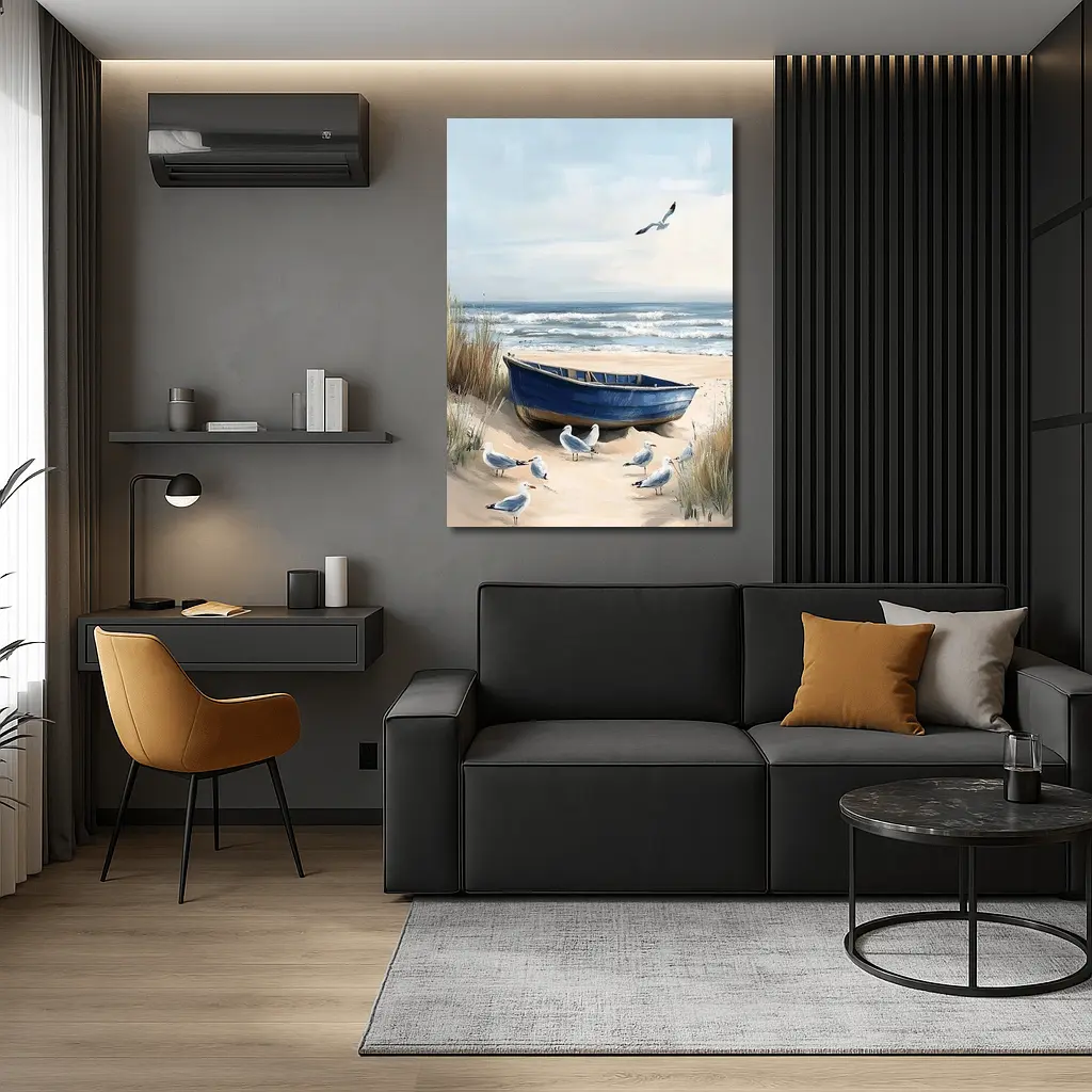 Blue Rowboat Beach Seagulls Ocean Painting – Wall Art